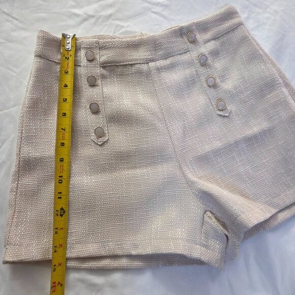 High Waisted Tweed Sailor Shorts | Cream Pearl Button Preppy Shorts | Small - Picture 6 of 9